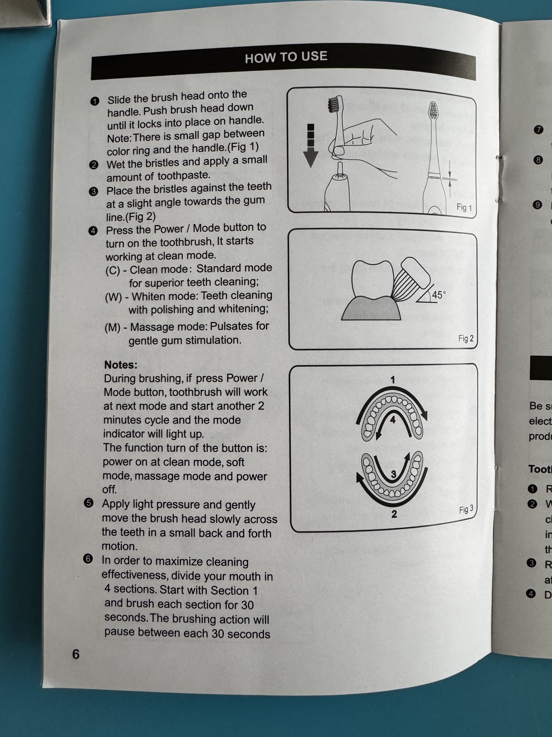 AquaSonic Duo Series instruction manual page showing illustrated brushing steps and modes including Clean, Whiten, and Massage.
